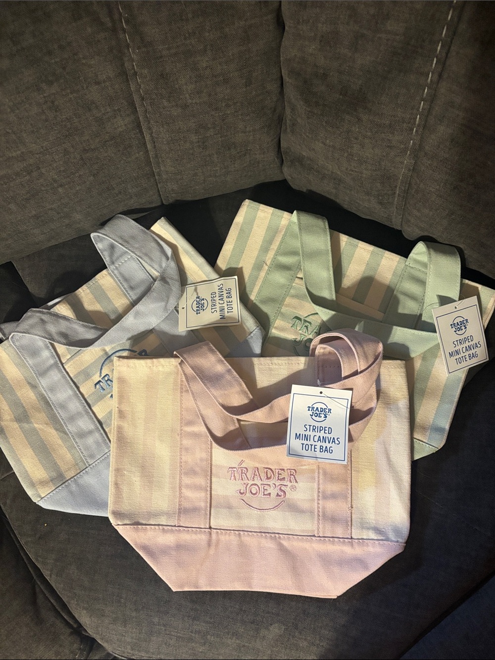 NWT Trader Joe's Striped Mini Canvas Tote Bag 3 bag set - Pink, Green, & Blue